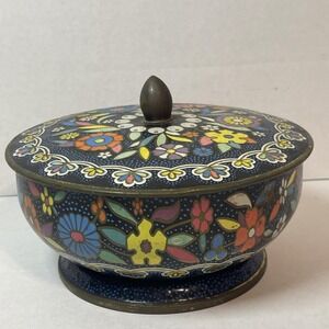 Enamel Metal Multicolor Floral Tin England